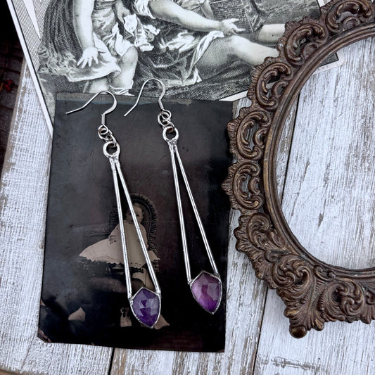 Faceted Amethyst Fine Silver Crystal Drop Earrings / Long Dangle Witchy Earrings