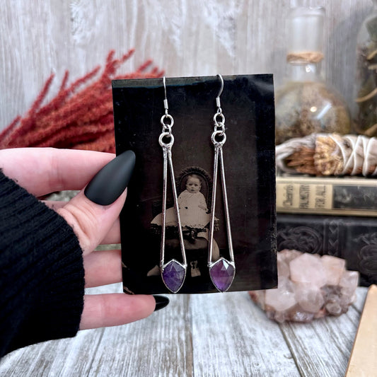 Faceted Amethyst Fine Silver Crystal Drop Earrings / Long Dangle Witchy Earrings