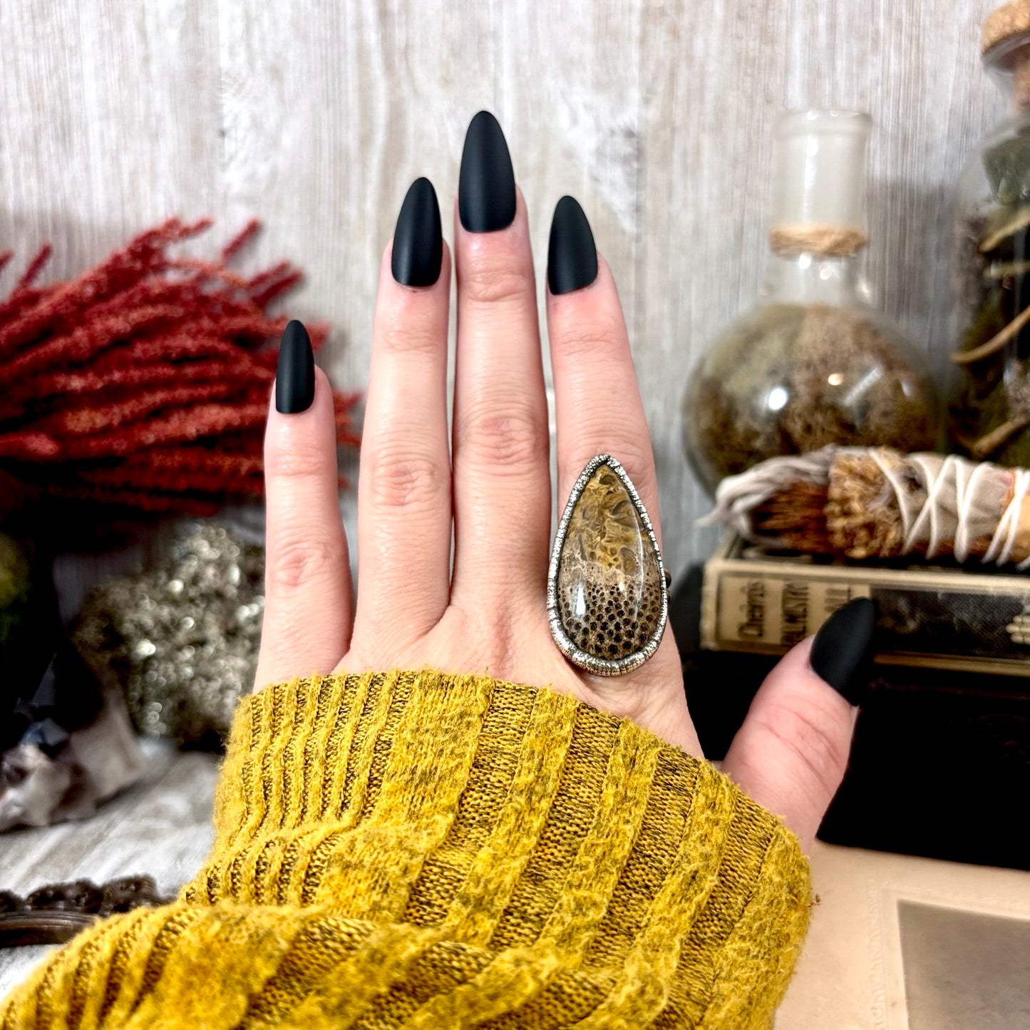 Petrified Wood Crystal Ring Fine Silver Size 8 / Foxlark Collection - One of a Kind