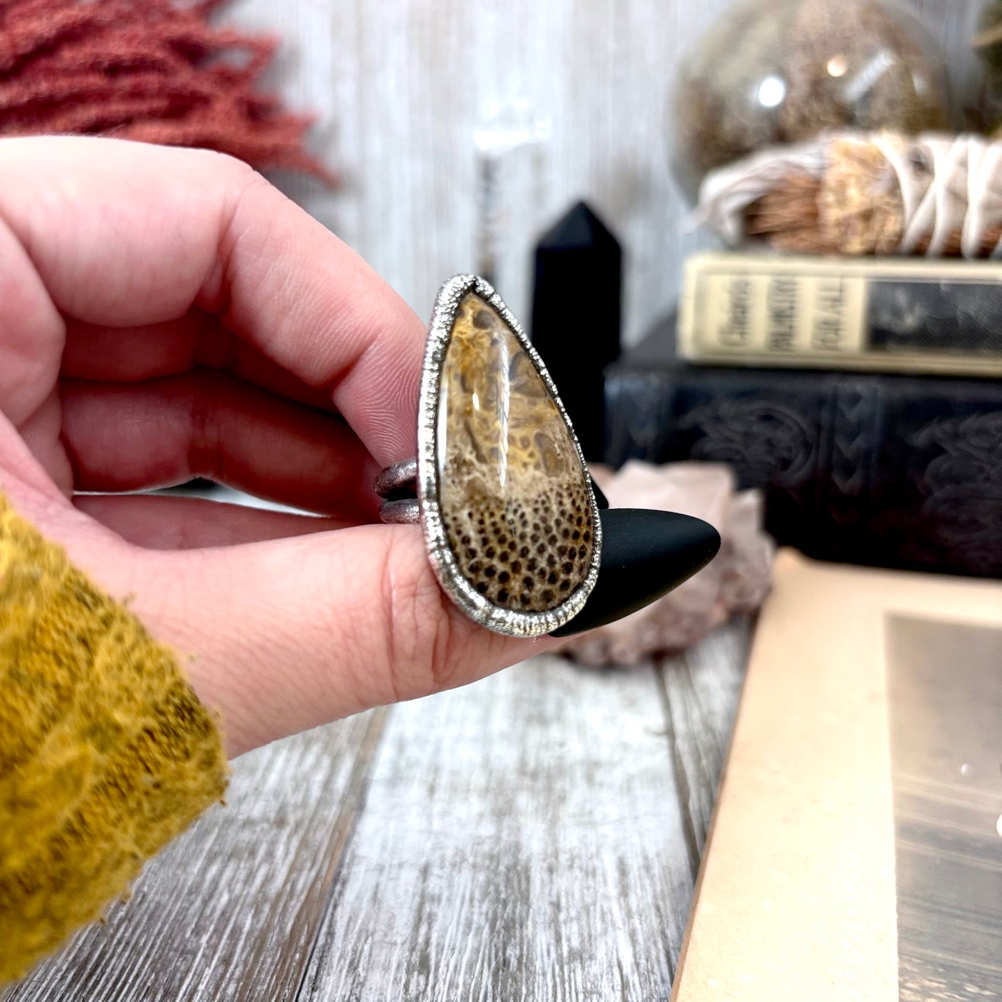 Petrified Wood Crystal Ring Fine Silver Size 8 / Foxlark Collection - One of a Kind