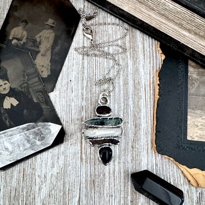 Multi Stone Garnet Moss Agate Raw Clear Quartz Raw Smoky Quartz Black Onyx Crystal Necklace Fine Silver / Foxlark Collection