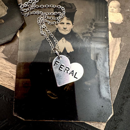 Hand Stamped FERAL Heart Necklace