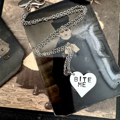 Hand Stamped BITE ME Heart Necklace