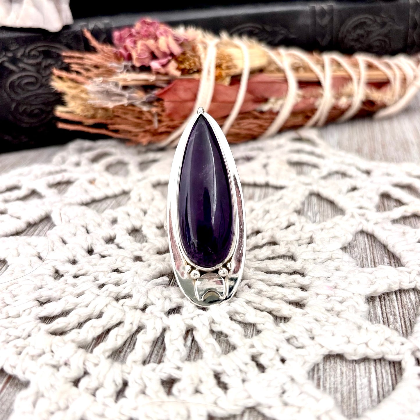 Purple Amethyst Ring Sterling Silver | Big Witchy Crystal Jewelry | Magic Moon | Adjustable Statement Ring 6-10 Gothic Gemstone Jewelry
