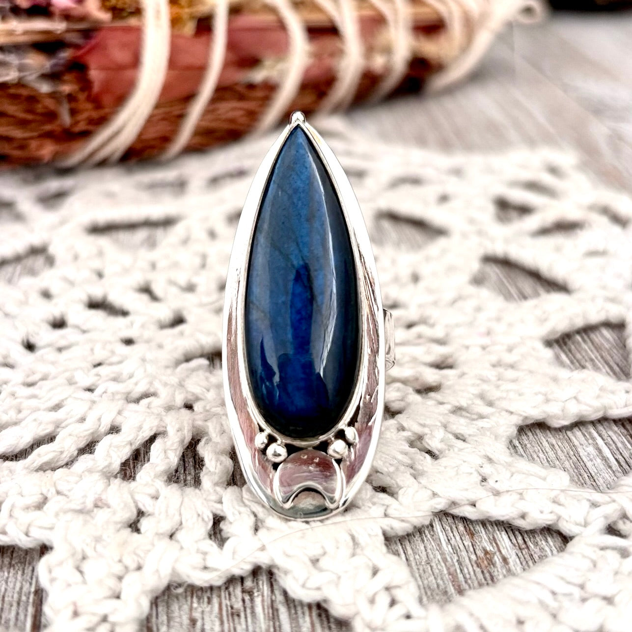 Labradorite Ring Sterling Silver Blue Crystal Rings for Woman / Magic Moon Designed by FOXLARK Adjustable Size 6 7 8 9 10