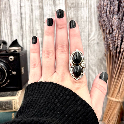 Mystic Moons Black Onyx Crystal Ring in Solid Sterling Silver- Designed by FOXLARK Collection Size Adjustable from 6 - 9 / Gothic Jewelry