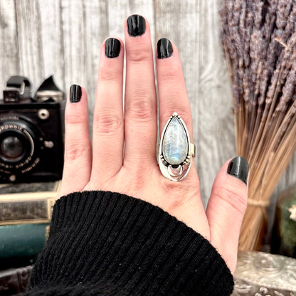 Midnight Moon Rainbow Moonstone Crystal Ring in Sterling Silver- Designed by FOXLARK Collection Adjustable to Size 6 7 8 9