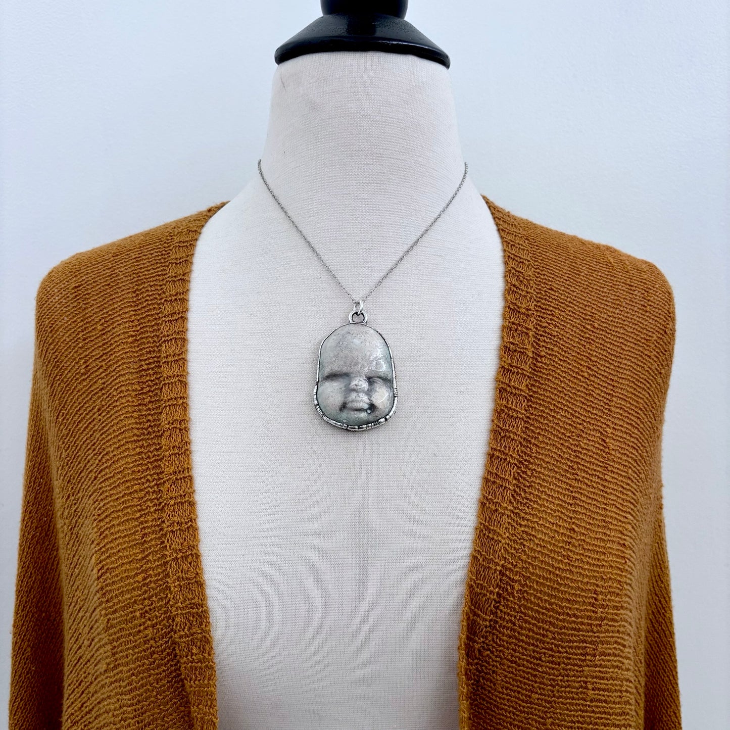 Ceramic Baby Doll Face Necklace Fine Silver / Foxlark Collection - One of a Kind