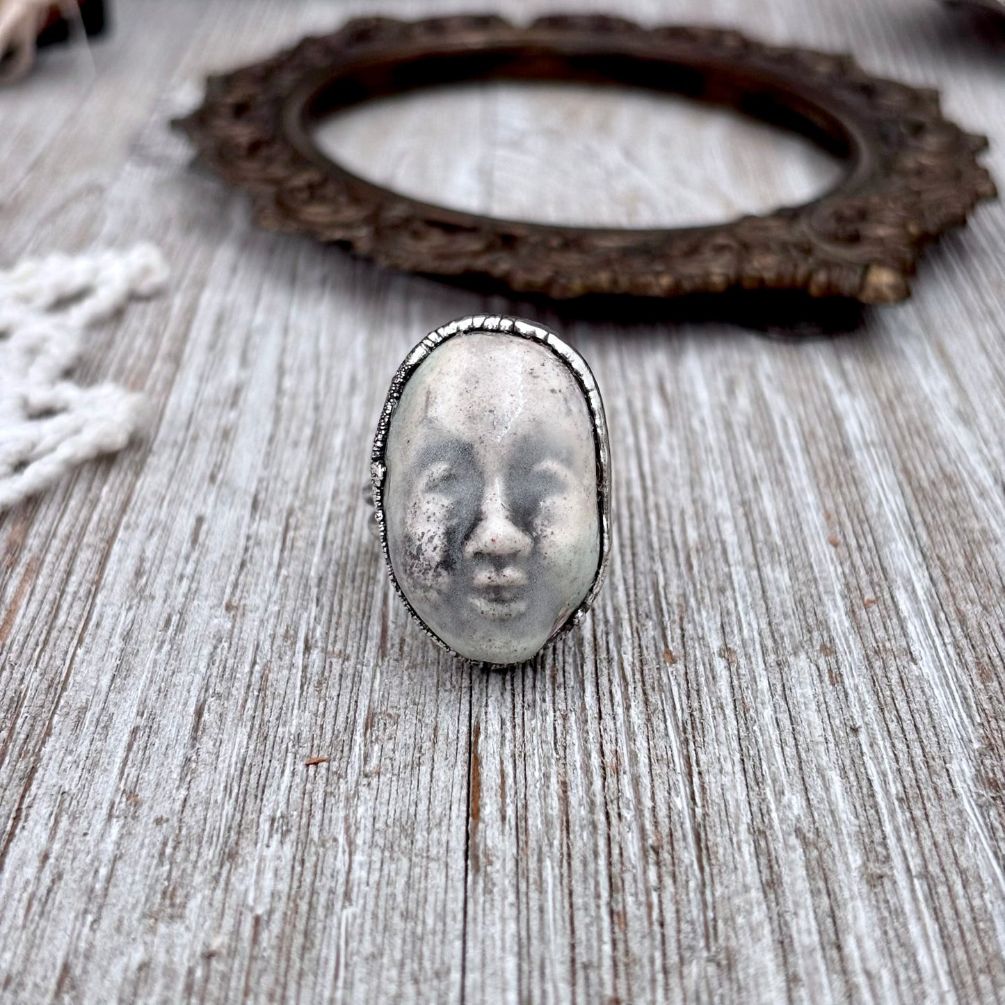 Ceramic Baby Doll Face Ring Fine Silver Size 8 / Foxlark Collection - One of a Kind