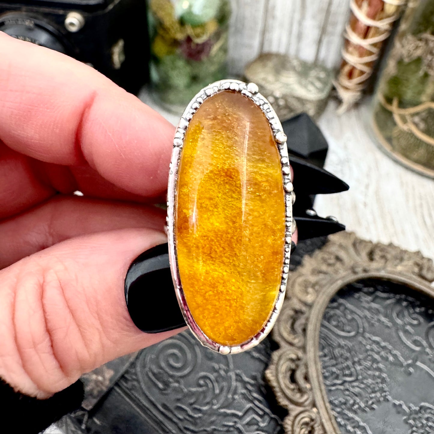 Baltic Amber Crystal Ring Fine Silver Size 6.5 / Foxlark Collection - One of a Kind