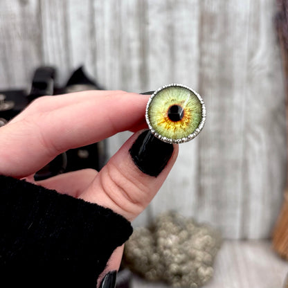 Green Eyeball Fine Silver Ring Size 5 6 7 8 9 10 / Foxlark Collection