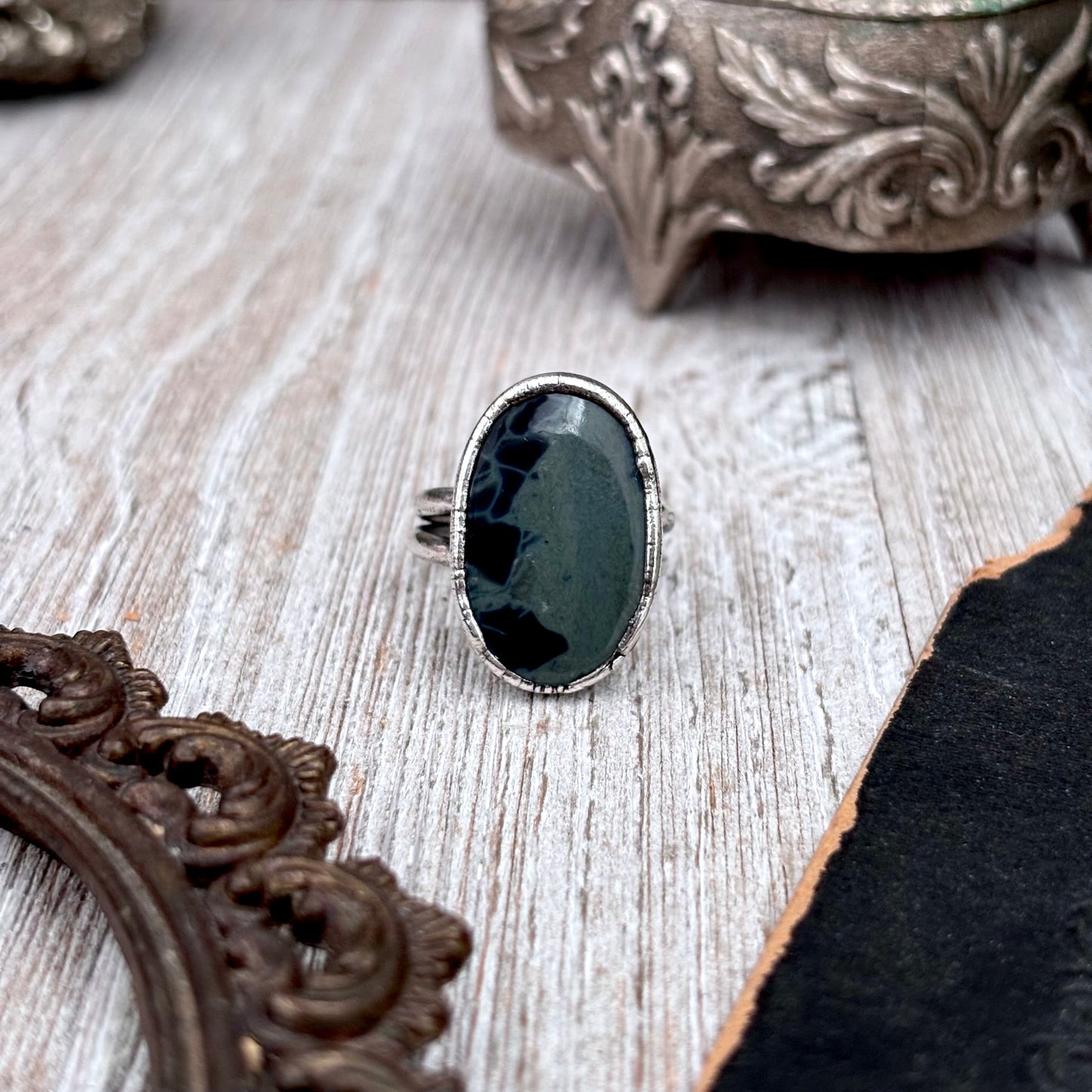Spiderweb Obsidian Crystal Ring Fine Silver Size 7.5 / Foxlark Collection - One of a Kind
