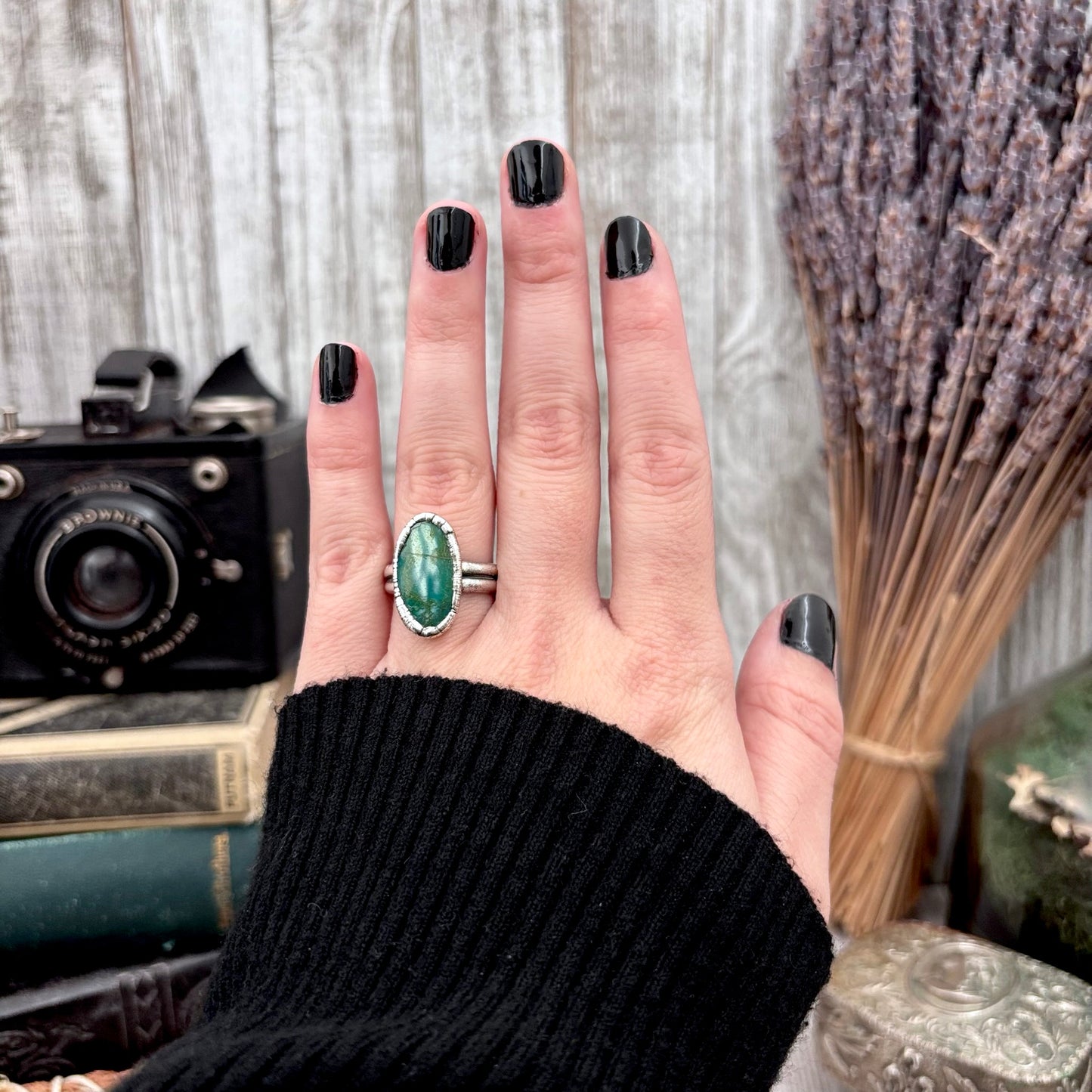 Green Turquoise Stone Ring Fine Silver Size 6 / Foxlark Collection - One of a Kind