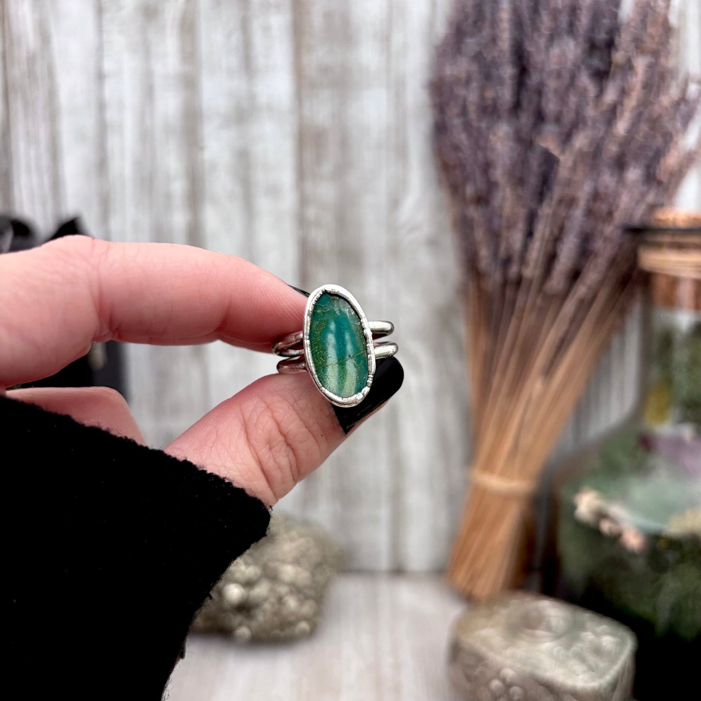 Green Turquoise Stone Ring Fine Silver Size 9 / Foxlark Collection - One of a Kind