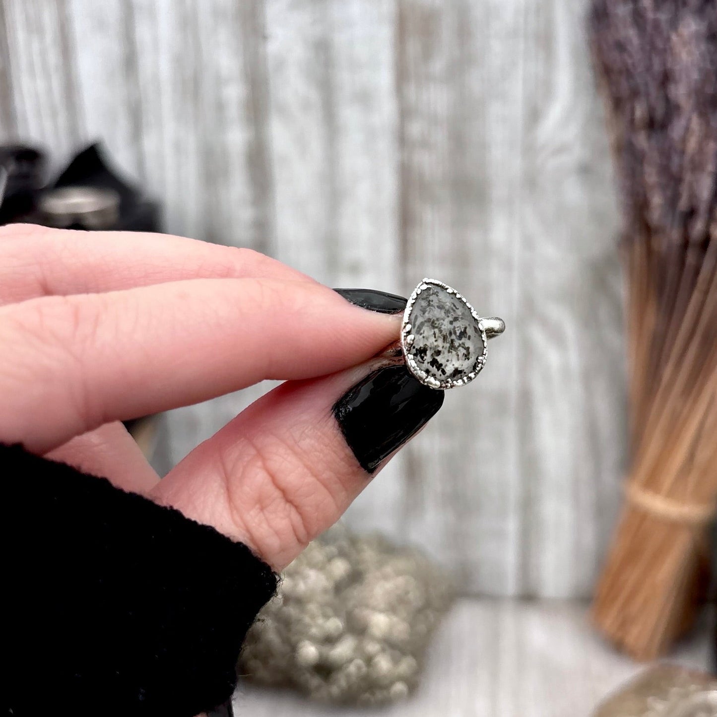 Graphite Included Quartz Ring Fine Silver Small faceted Stone Ring Size 5 6 7 8 9 10 11 / Foxlark Collection