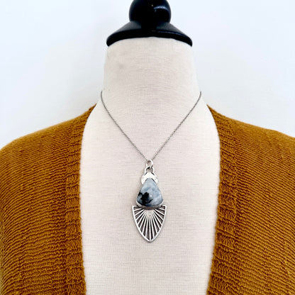 Moss & Moon Collection - Rainbow Moonstone With Black Tourmaline Statement Necklace in Fine Silver / One of a Kind