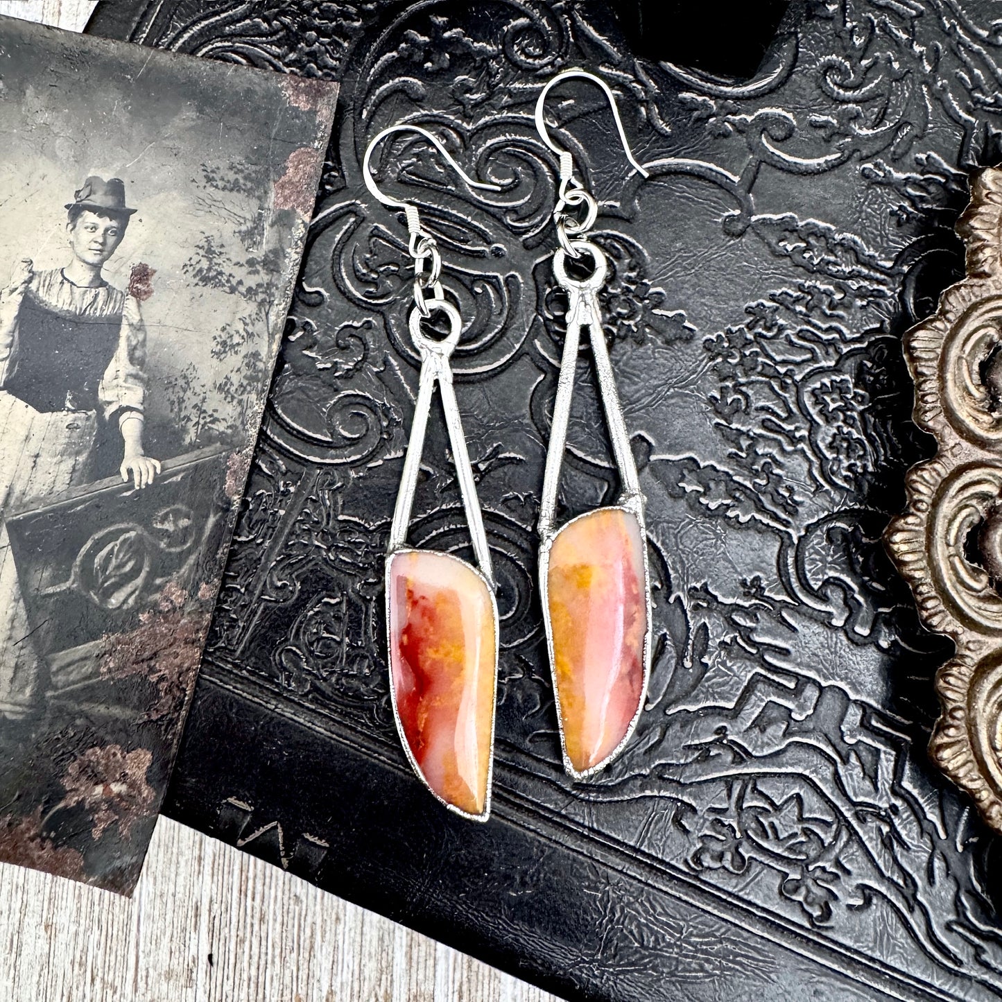 Jasper Fine Silver Crystal Dangle Earrings / Long Dangle Witchy Earrings