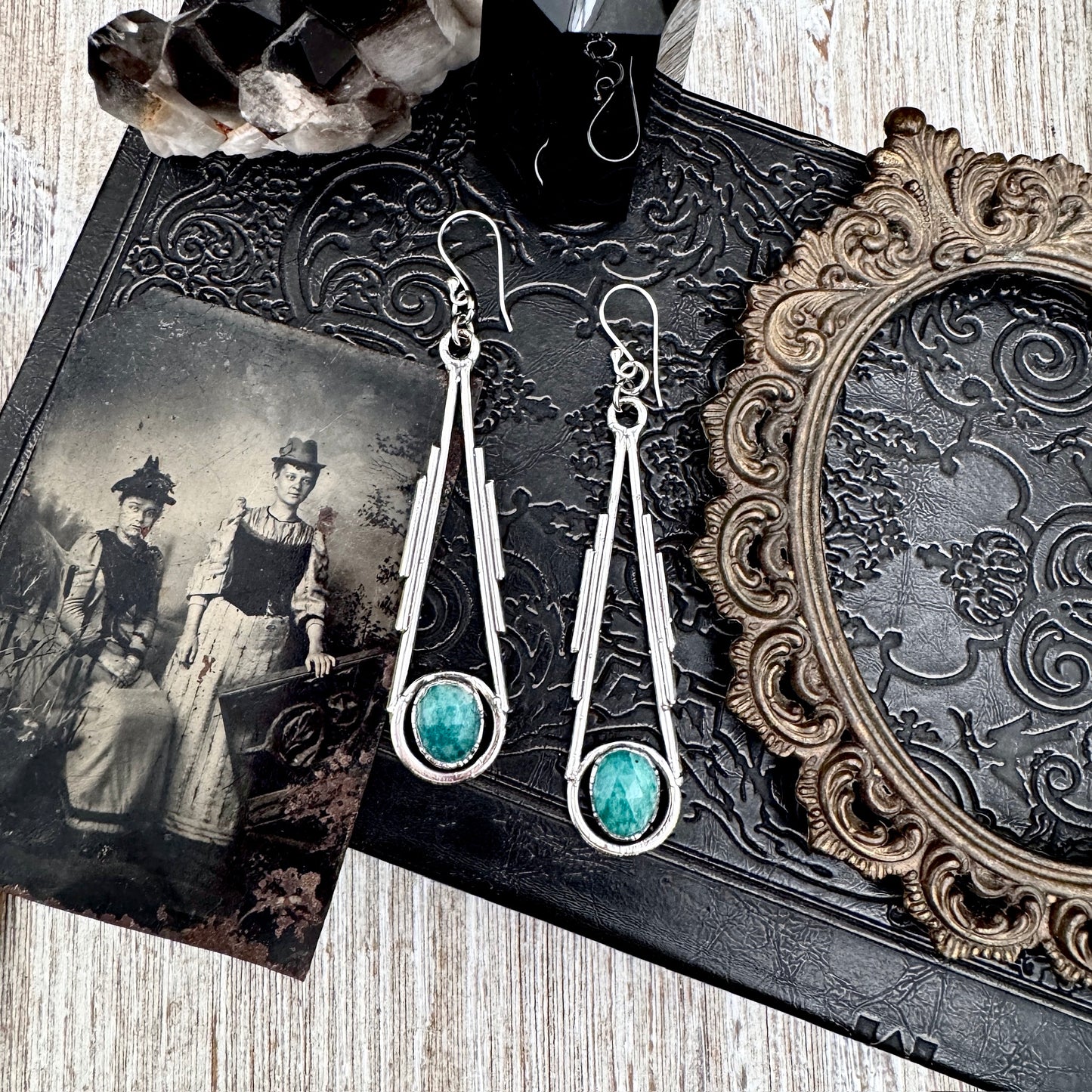 Amazonite Fine Silver Crystal Dangle Earrings / Long Dangle Witchy Earrings