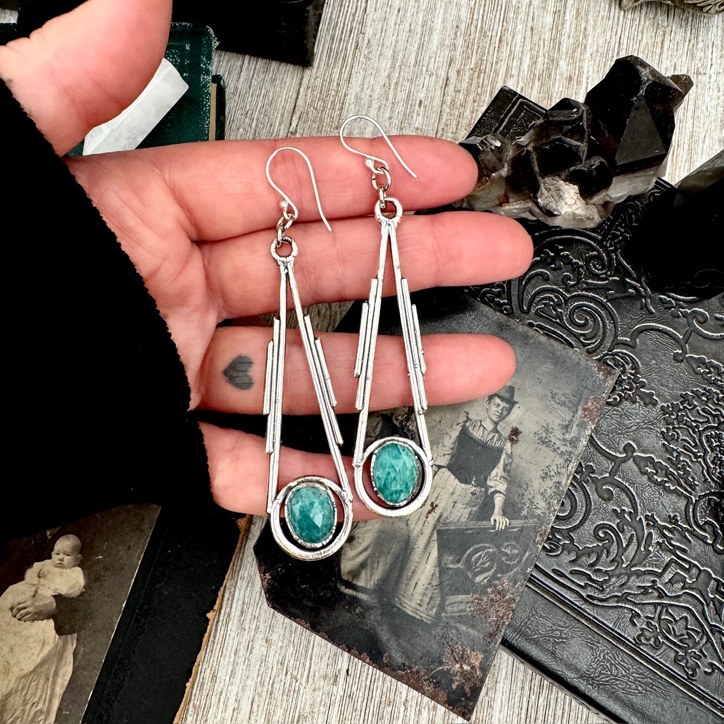 Amazonite Fine Silver Crystal Dangle Earrings / Long Dangle Witchy Earrings