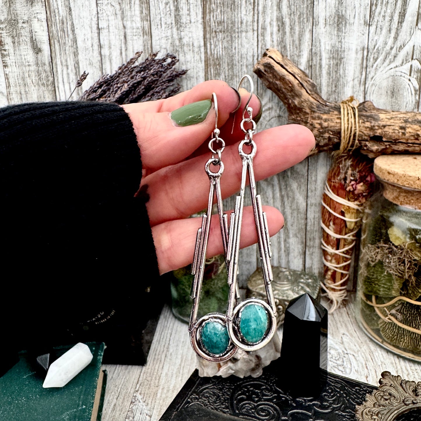 Amazonite Fine Silver Crystal Dangle Earrings / Long Dangle Witchy Earrings