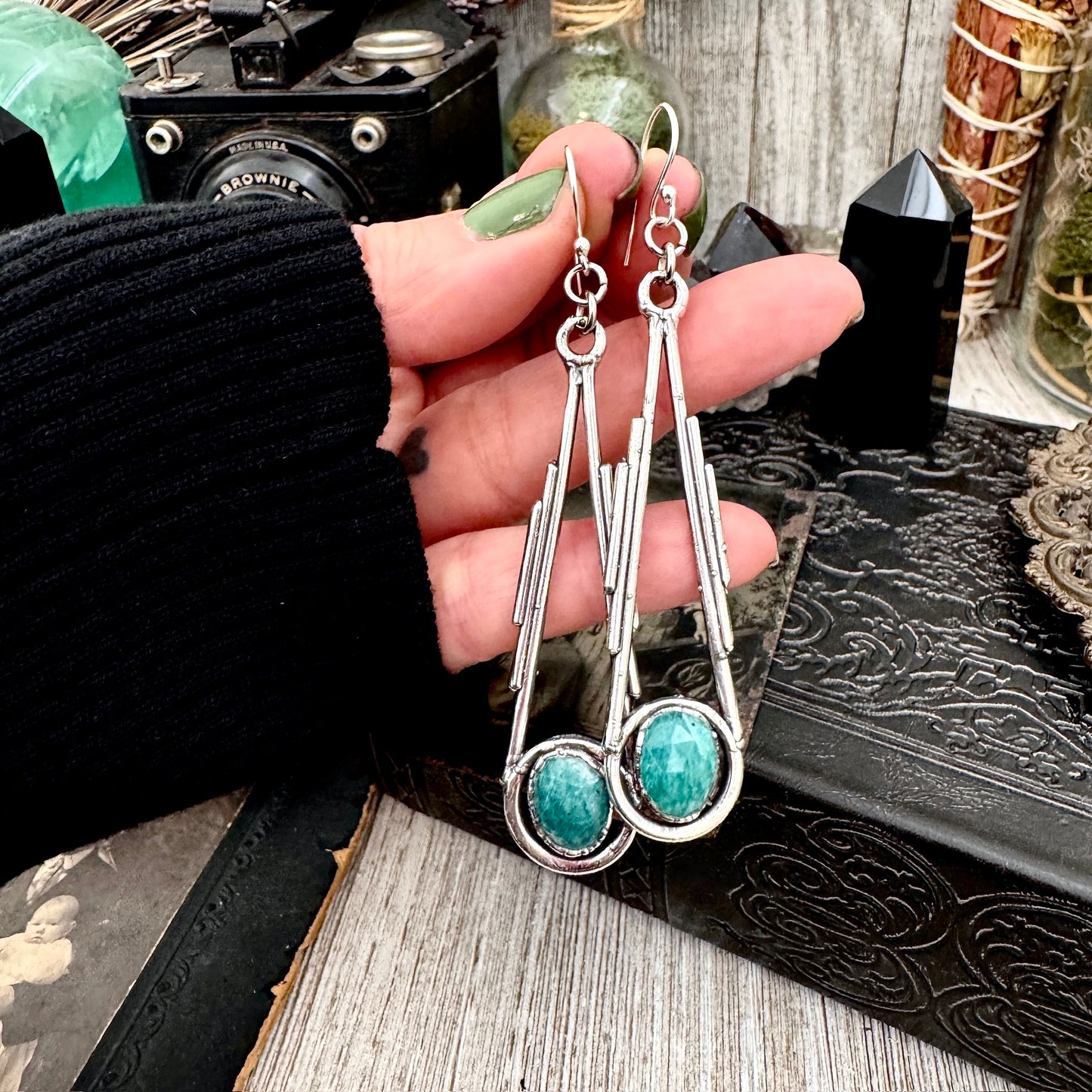 Amazonite Fine Silver Crystal Dangle Earrings / Long Dangle Witchy Earrings