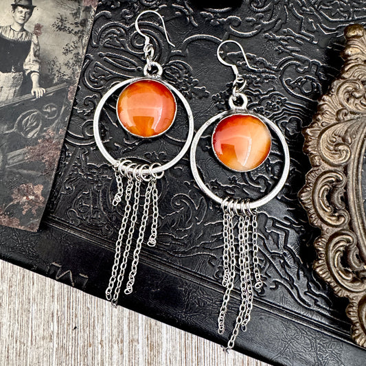Carnelian Fine Silver Crystal Hoop Fringe Earrings / Long Dangle Witchy Earrings
