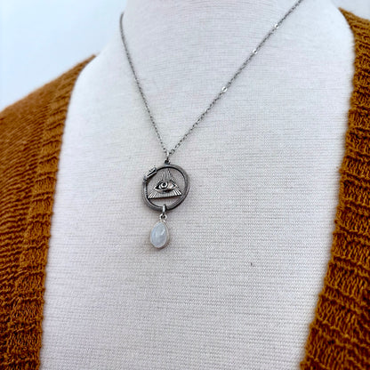 Ouroboros Evil Eye Rainbow Moonstone Talisman Necklace / Talisman Collection-Sterling Silver