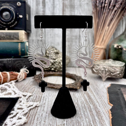 Stainless Steel Snake and Black Cross Earrings / Long Dangle Earrings