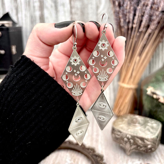 Stainless Steel Moon Phases All Seeing Eye Earrings / Long Dangle Earrings