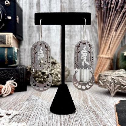 Stainless Steel Moon Phases Two Headed Snake Earrings / Long Dangle Earrings