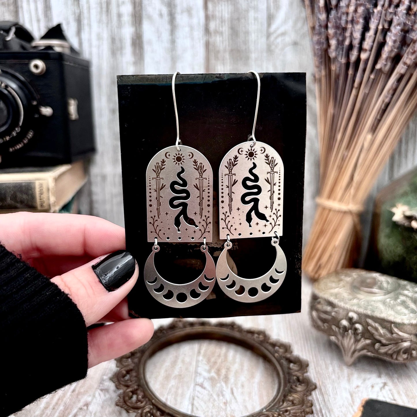 Stainless Steel Moon Phases Two Headed Snake Earrings / Long Dangle Earrings