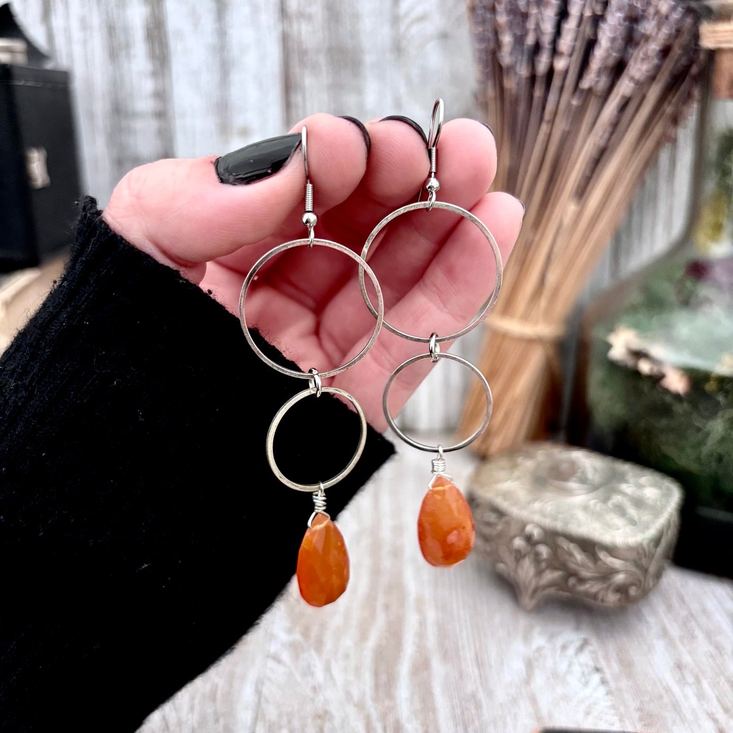 Stainless Steel Carnelian Hoop Earrings / Long Dangle Earrings