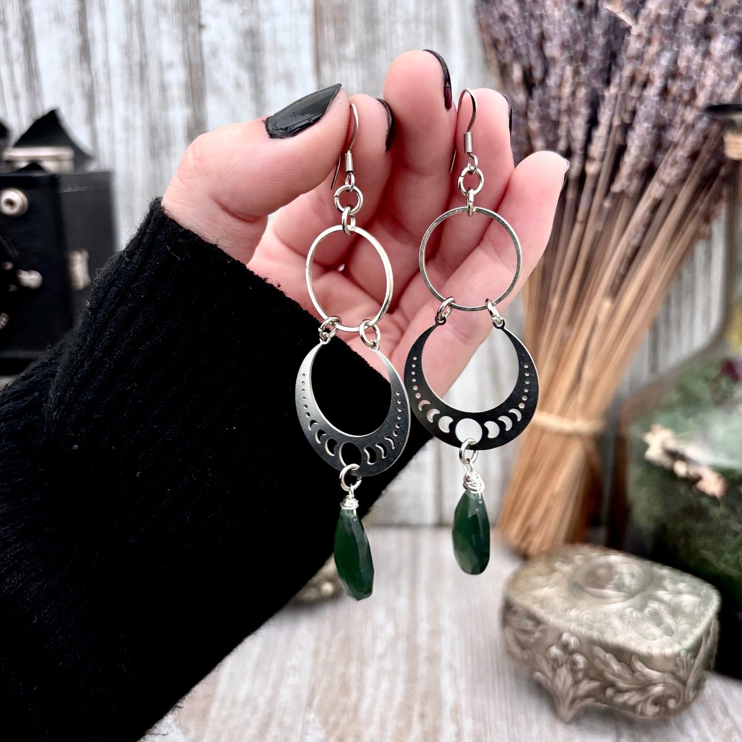 Stainless Steel Serpentine Moon Phases Hoop Earrings / Long Dangle Earrings