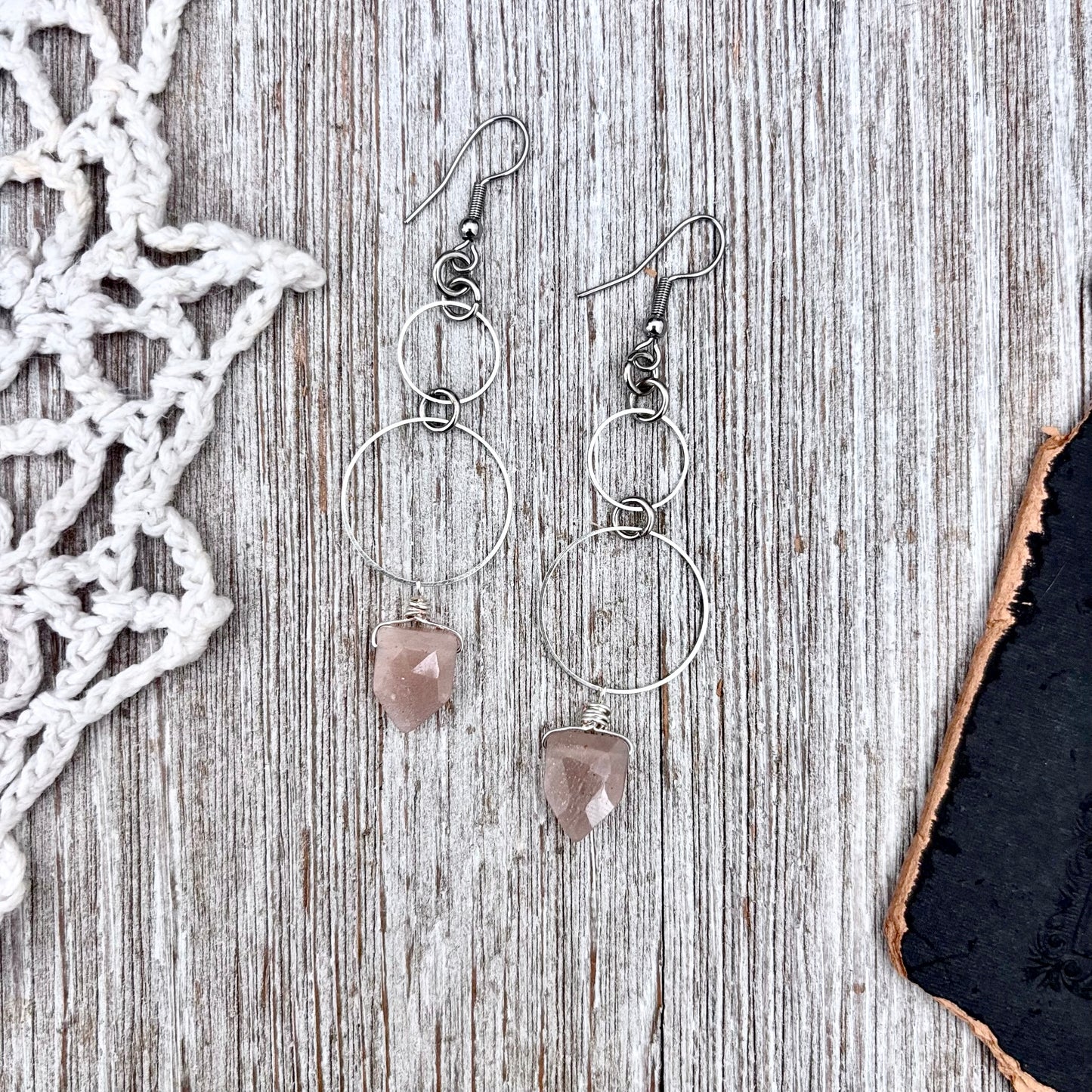 Stainless Steel Peach Moonstone Hoop Earrings / Long Dangle Earrings