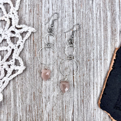Stainless Steel Peach Moonstone Hoop Earrings / Long Dangle Earrings