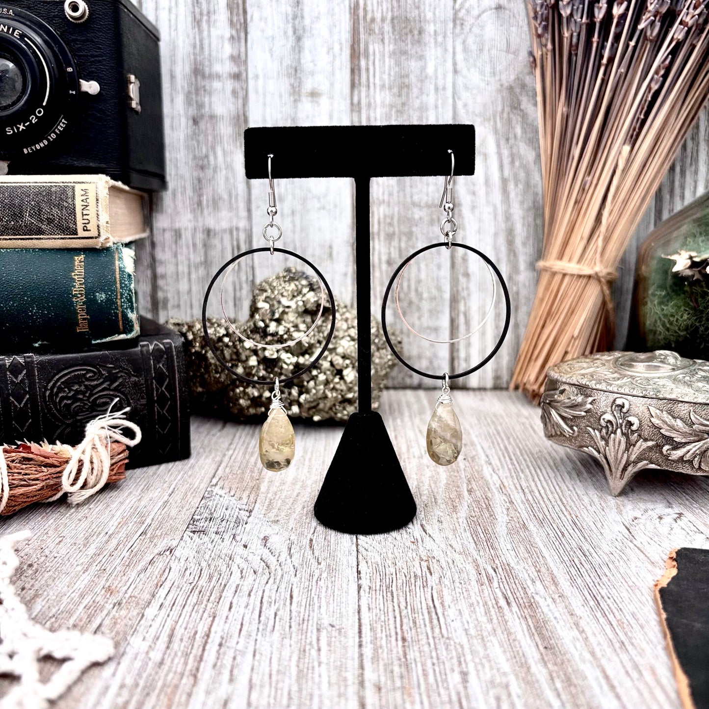 Stainless Steel Citrine Hoop Earrings / Long Dangle Earrings