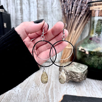 Stainless Steel Citrine Hoop Earrings / Long Dangle Earrings