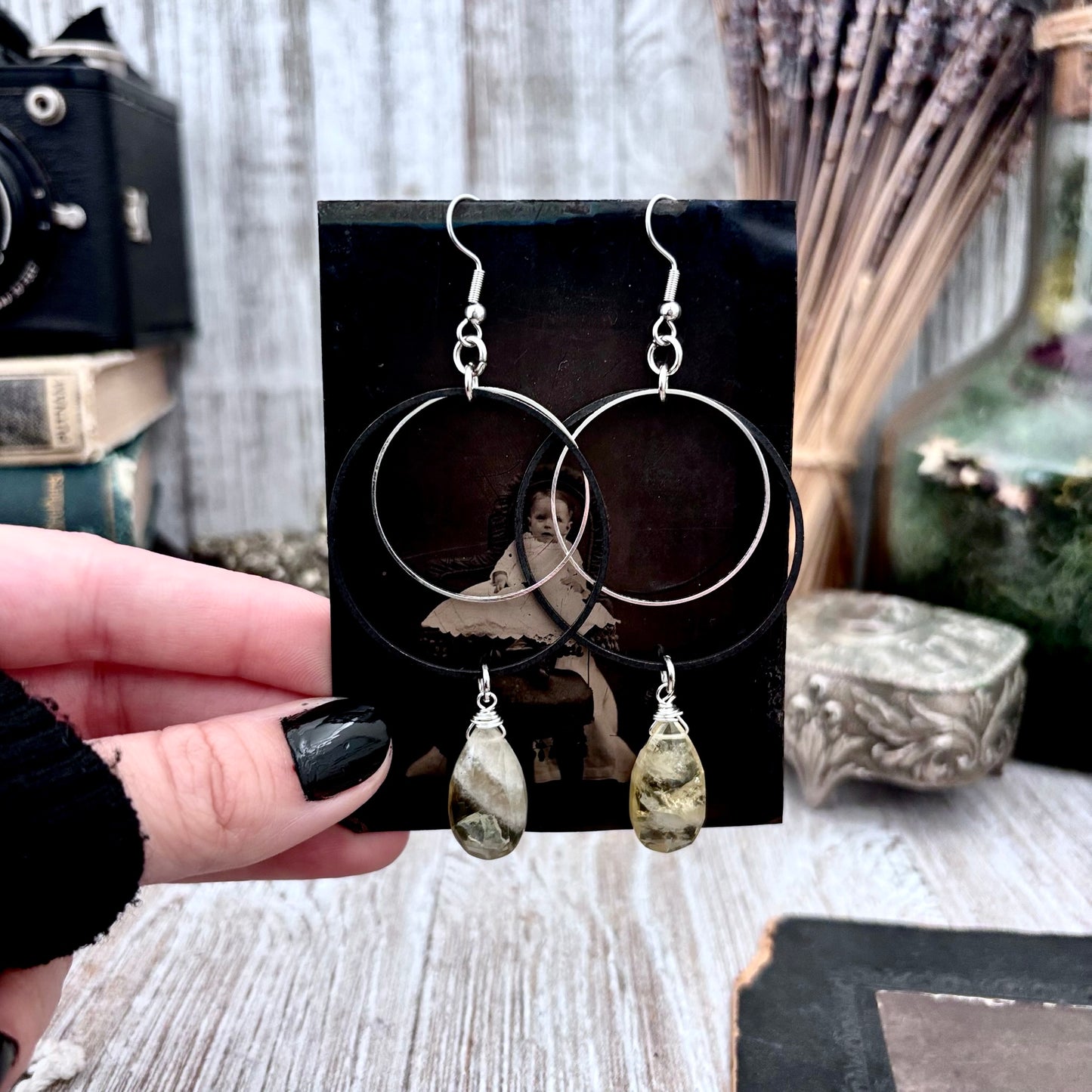 Stainless Steel Citrine Hoop Earrings / Long Dangle Earrings