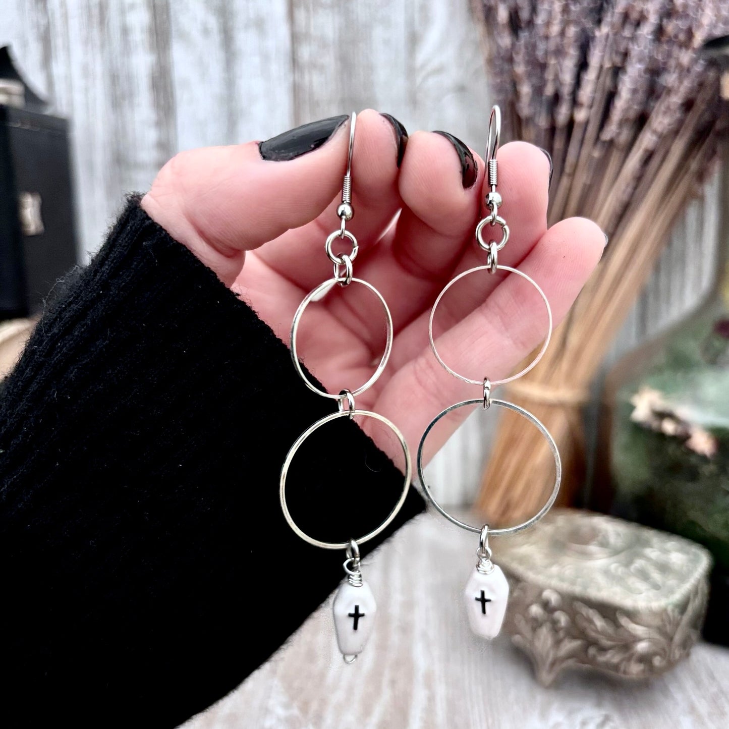 Stainless Steel Coffin Hoop Earrings / Long Dangle Earrings