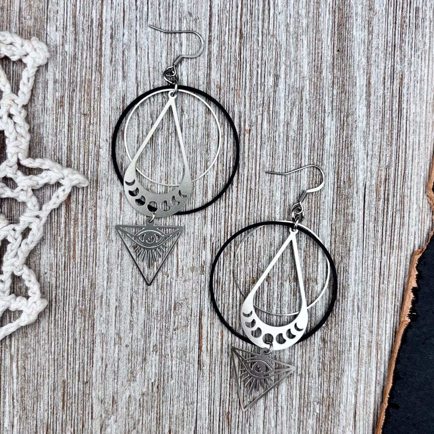 Stainless Steel All Seeing Eye Moon Phases Hoop Earrings / Long Dangle Earrings