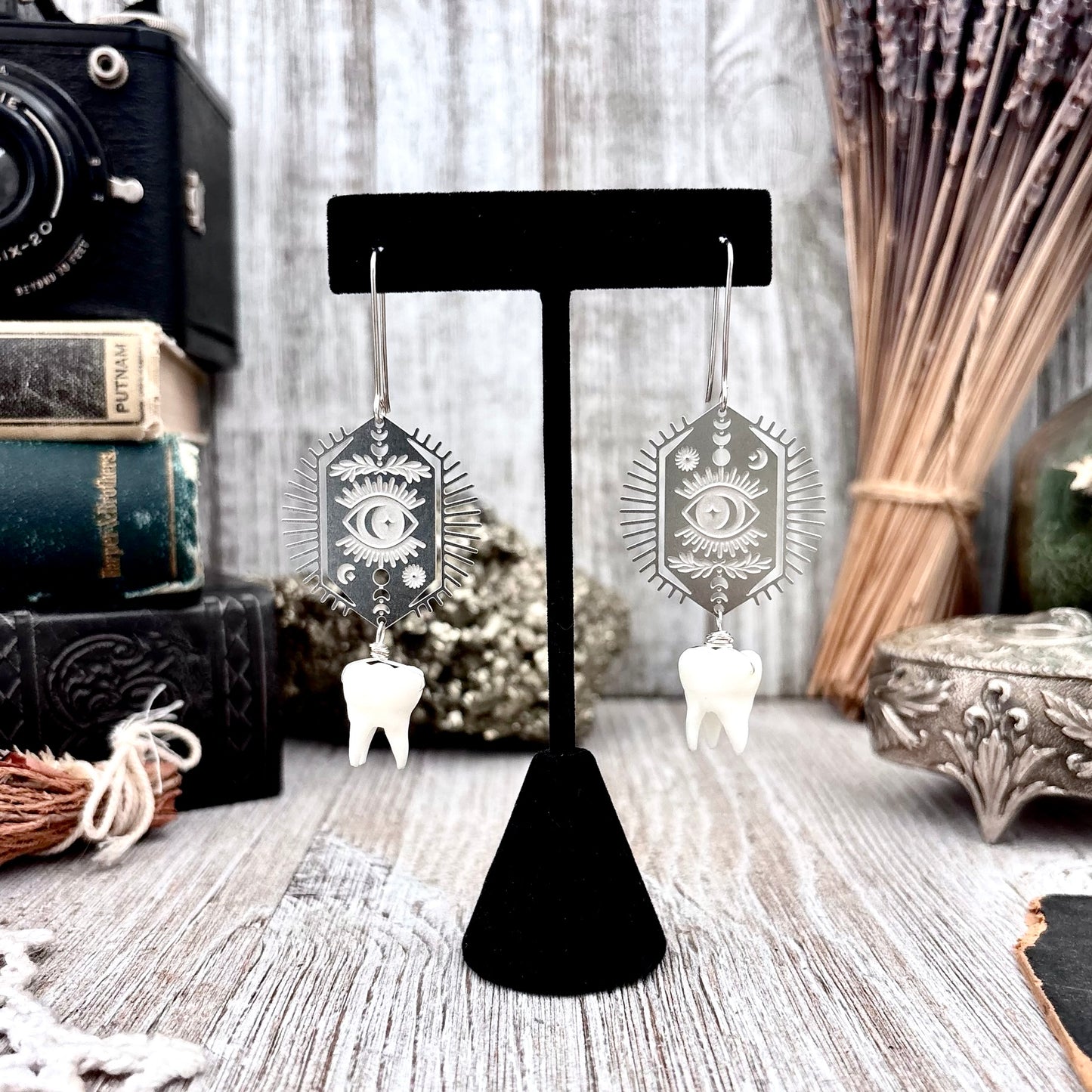 Stainless Steel All Seeing Eye Tooth Earrings / Long Dangle Earrings