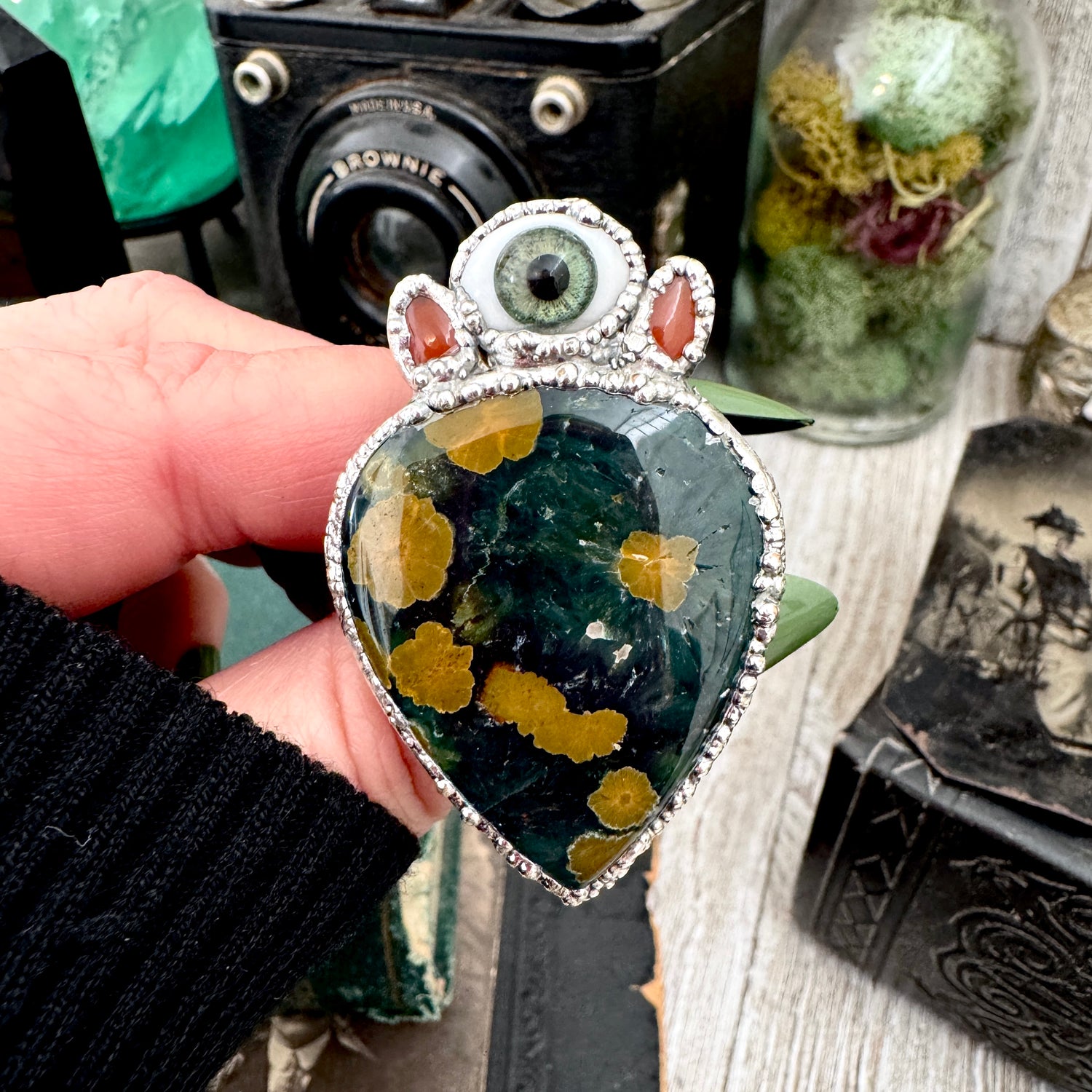 Multi Stone Ocean Jasper Carnelian & Glass Eye Ring In Fine Silver Size 8.5 / Foxlark Collection FOXLARK