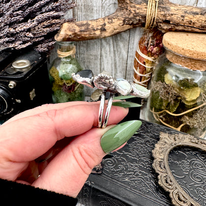Multi Stone Black Onyx Clear Quartz Dendritic Agate & Amazonite Ring In Fine Silver Size 10.5 / Foxlark Collection