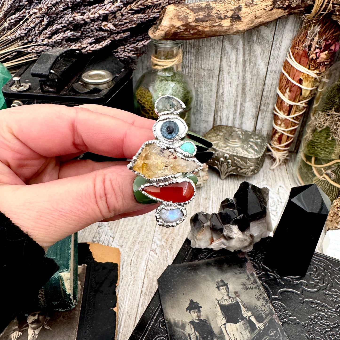 Multi Stone Moss Agate Glass Eye Turquoise Citrine Carnelian & Rainbow Moonstone Ring In Fine Silver Size 8 / Foxlark Collection