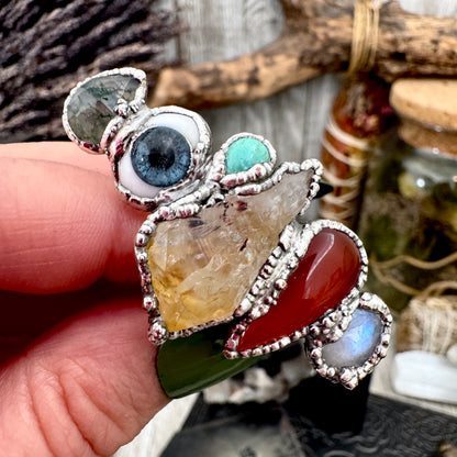 Multi Stone Moss Agate Glass Eye Turquoise Citrine Carnelian & Rainbow Moonstone Ring In Fine Silver Size 8 / Foxlark Collection