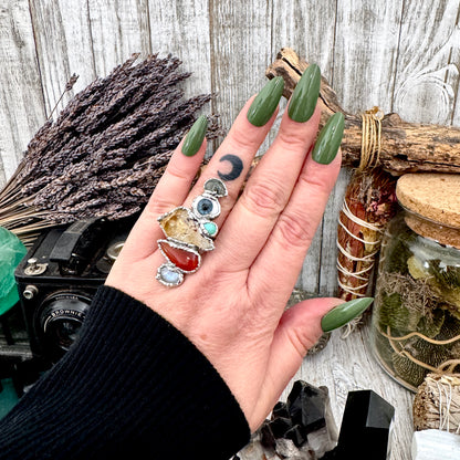 Multi Stone Moss Agate Glass Eye Turquoise Citrine Carnelian & Rainbow Moonstone Ring In Fine Silver Size 8 / Foxlark Collection