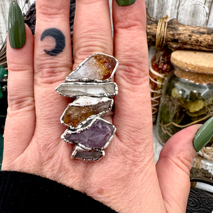 Multi Stone Clear Quartz Amethyst & Citrine Ring In Fine Silver Size 9 / Foxlark Collection
