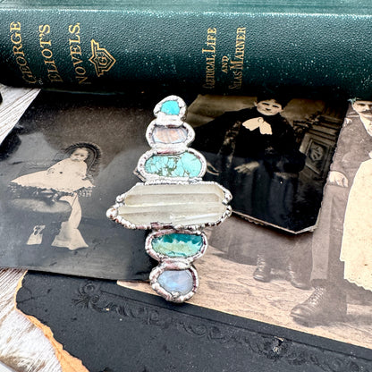 Multi Stone Turquoise Rainbow Moonstone & Clear Quartz Ring In Fine Silver Size 8 / Foxlark Collection