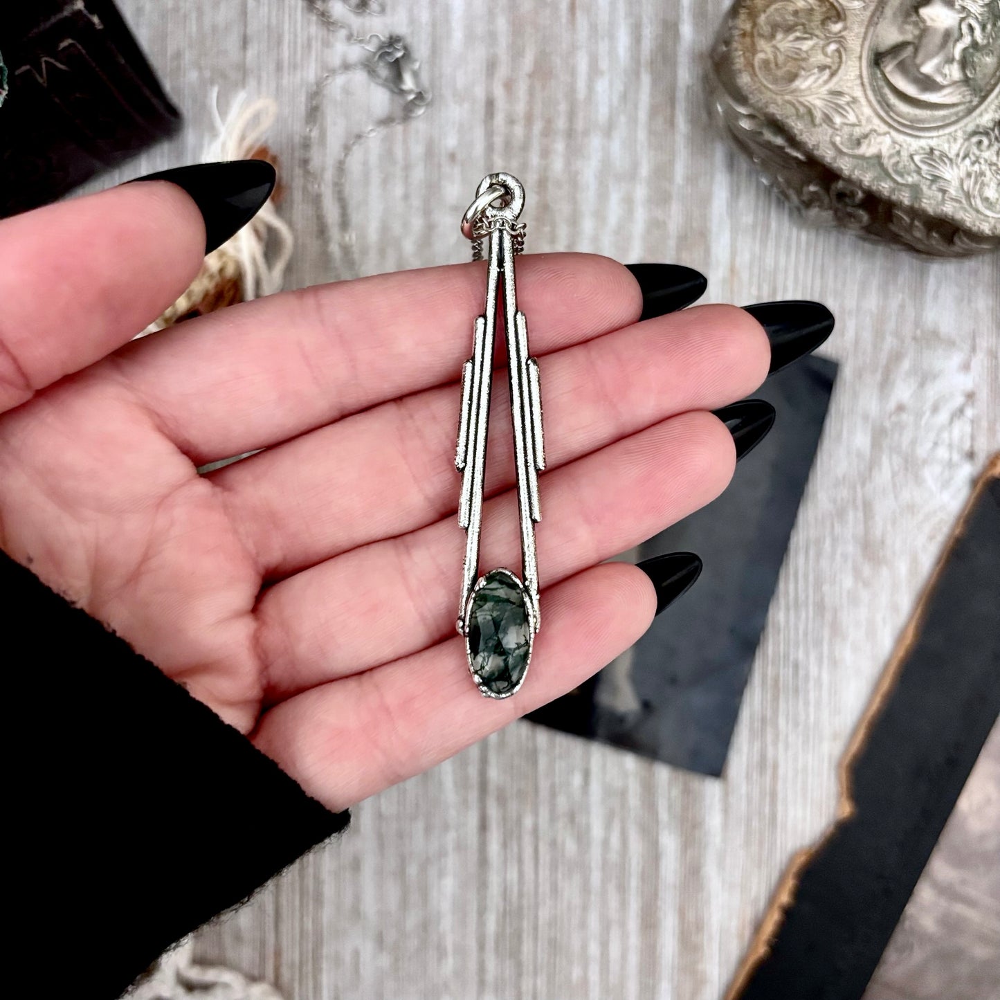 Moss Agate Crystal Necklace in Fine Silver / Foxlark Collection - One of a Kind