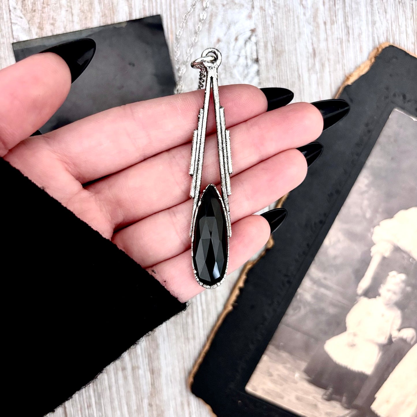 Black Onyx Crystal Necklace in Fine Silver / Foxlark Collection - One of a Kind